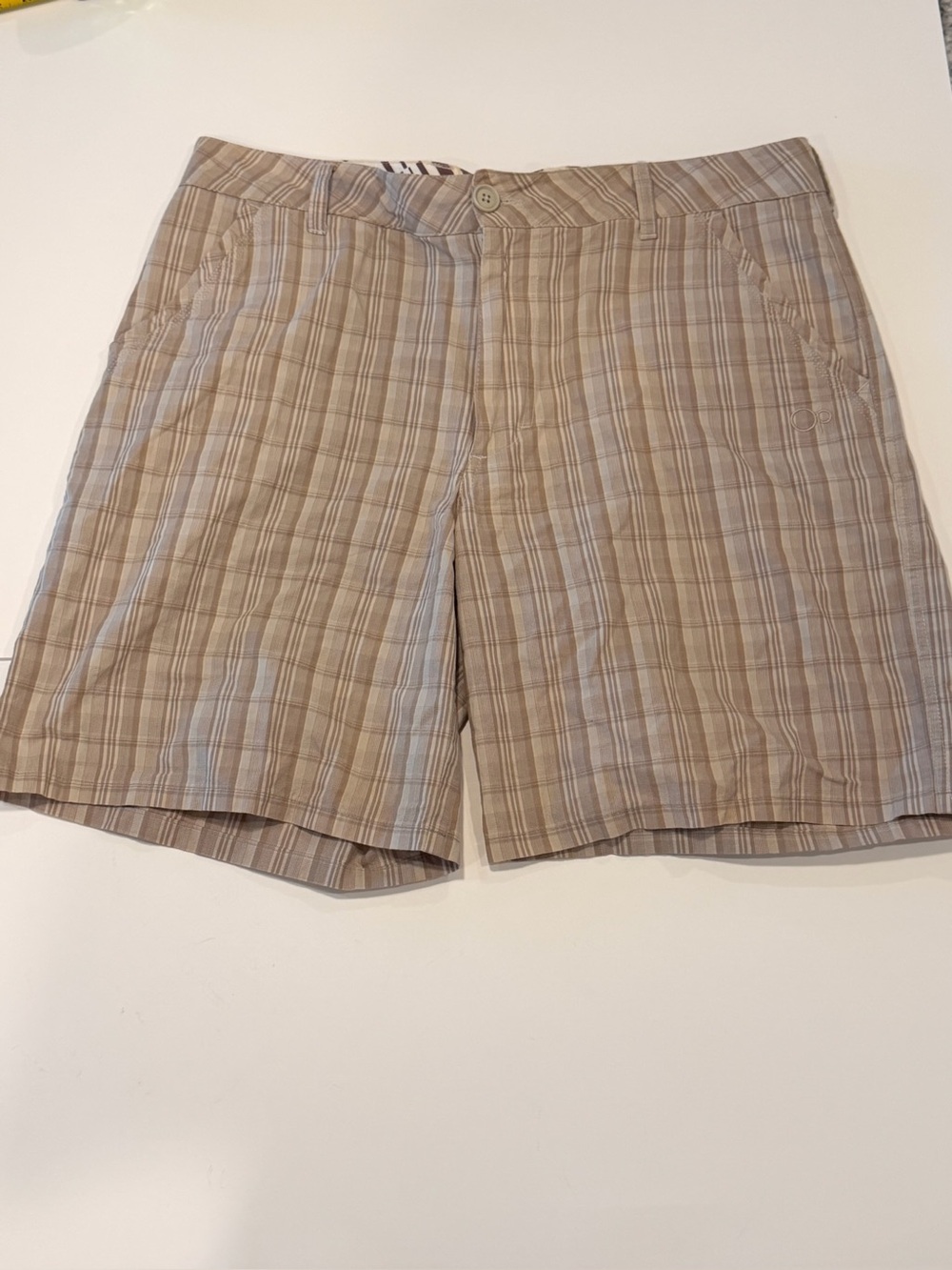 OP Mens Plaid Tan and Light Blue Board shorts Bermuda Shorts